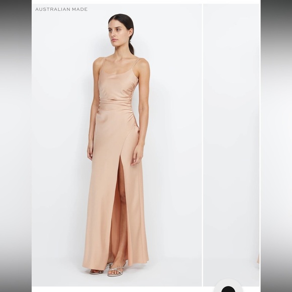 Bec + Bridge Eternity scoop satin open slit maxi dress in sand - Picture 3 of 12